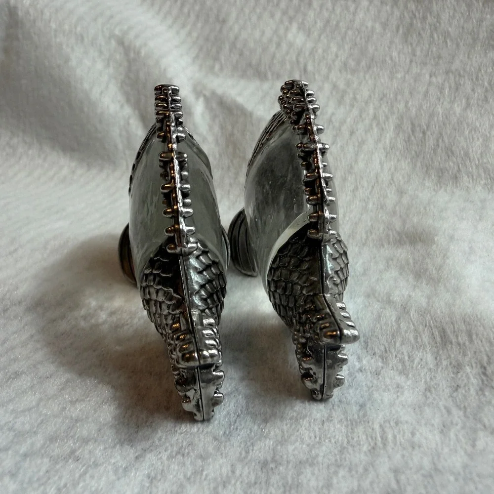 Vintage Silver Tone Metal and Glass Fish Salt and Pepper Shaker Set with Corks